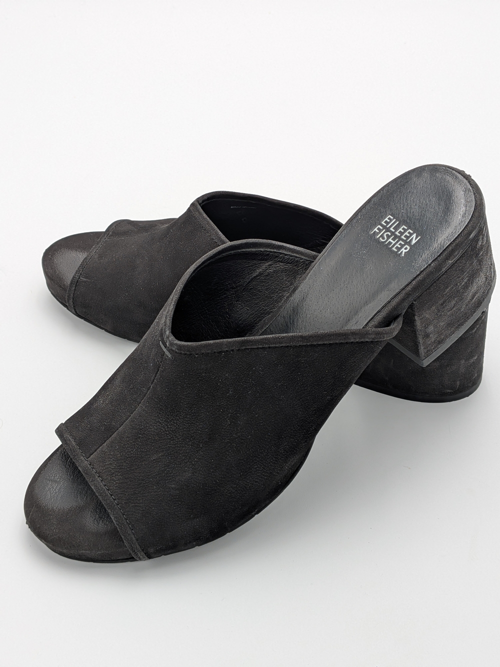 Eileen Fisher  Fala Tumbled Nubuck Open-Toe Block Heel Mules Sz 10